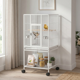 PawHut Bird Cage Detachable with Rolling Stand Parrot Cage with Storage Shelf White - thumbnail 2