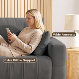 HOMCOM 3 Seater Sofa, Upholstered Velvet Couch for Bedroom with Pillows, Padded Cushion and Wood Legs, Grey - thumbnail 6
