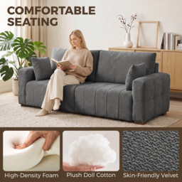 HOMCOM 3 Seater Sofa, Upholstered Velvet Couch for Bedroom with Pillows, Padded Cushion and Wood Legs, Grey - thumbnail 5