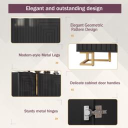 Stylish Sideboard with 2 Doors, 4 Shelves and Geometric Door Design, Durable Cabinet with Slim Metal Feet, 152L x 40W x 75H cm, Black - Aosom UK - thumbnail 6