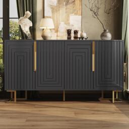 Stylish Sideboard with 2 Doors, 4 Shelves and Geometric Door Design, Durable Cabinet with Slim Metal Feet, 152L x 40W x 75H cm, Black - Aosom UK - thumbnail 8