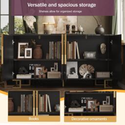 Stylish Sideboard with 2 Doors, 4 Shelves and Geometric Door Design, Durable Cabinet with Slim Metal Feet, 152L x 40W x 75H cm, Black - Aosom UK - thumbnail 4