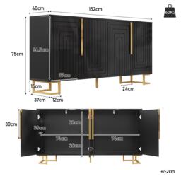 Stylish Sideboard with 2 Doors, 4 Shelves and Geometric Door Design, Durable Cabinet with Slim Metal Feet, 152L x 40W x 75H cm, Black - Aosom UK - thumbnail 3