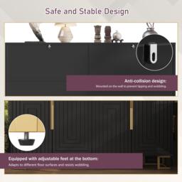 Stylish Sideboard with 2 Doors, 4 Shelves and Geometric Door Design, Durable Cabinet with Slim Metal Feet, 152L x 40W x 75H cm, Black - Aosom UK - thumbnail 5