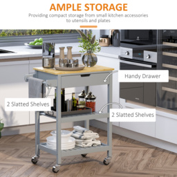 HOMCOM Kitchen Trolley Utility Cart on Wheels with Rubberwood Worktop, Towel Rack, Storage Shelves & Drawer for Dining Room, Grey - thumbnail 4