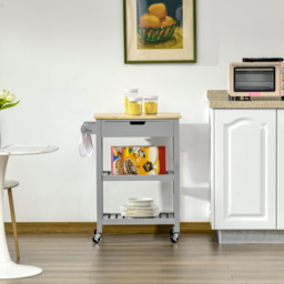 HOMCOM Kitchen Trolley Utility Cart on Wheels with Rubberwood Worktop, Towel Rack, Storage Shelves & Drawer for Dining Room, Grey - thumbnail 7
