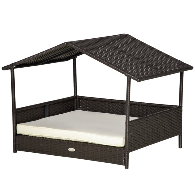 PawHut Wicker Dog House, Rattan Pet Bed, with Removable Cushion, Canopy, for Small and Medium Dogs - Cream - Aosom UK - image 1