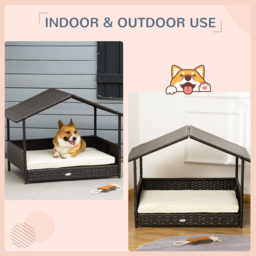 PawHut Wicker Dog House, Rattan Pet Bed, with Removable Cushion, Canopy, for Small and Medium Dogs - Cream - Aosom UK - thumbnail 4