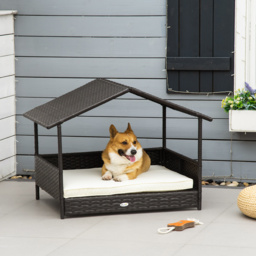 PawHut Wicker Dog House, Rattan Pet Bed, with Removable Cushion, Canopy, for Small and Medium Dogs - Cream - Aosom UK - thumbnail 2