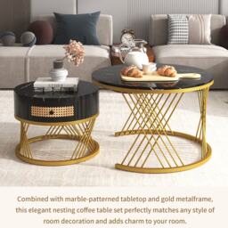 2-in-1 Nesting Coffee Table with Marble Grain Veneer Top and Rattan Drawers, Coffee Table for Sitting Room, 70x70x45.5 cm, Black+Gold - Aosom.UK - thumbnail 6