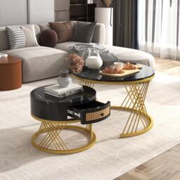 2-in-1 Nesting Coffee Table with Marble Grain Veneer Top and Rattan Drawers, Coffee Table for Sitting Room, 70x70x45.5 cm, Black+Gold - Aosom.UK - thumbnail 5