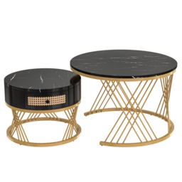 2-in-1 Nesting Coffee Table with Marble Grain Veneer Top and Rattan Drawers, Coffee Table for Sitting Room, 70x70x45.5 cm, Black+Gold - Aosom.UK - thumbnail 2