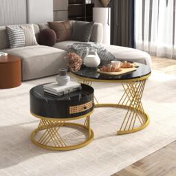 2-in-1 Nesting Coffee Table with Marble Grain Veneer Top and Rattan Drawers, Coffee Table for Sitting Room, 70x70x45.5 cm, Black+Gold - Aosom.UK - thumbnail 1