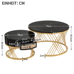 2-in-1 Nesting Coffee Table with Marble Grain Veneer Top and Rattan Drawers, Coffee Table for Sitting Room, 70x70x45.5 cm, Black+Gold - Aosom.UK - thumbnail 3