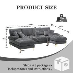 U-Shaped Modular Sofa with Pillows, Double Chaise, Rubber Pads, Chenille Fabric Sectional Couch for Living Room, 272L x 136W x 88H cm, Gray - Aosom UK - thumbnail 3