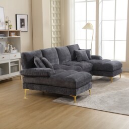 U-Shaped Modular Sofa with Pillows, Double Chaise, Rubber Pads, Chenille Fabric Sectional Couch for Living Room, 272L x 136W x 88H cm, Gray - Aosom UK - thumbnail 9