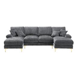 U-Shaped Modular Sofa with Pillows, Double Chaise, Rubber Pads, Chenille Fabric Sectional Couch for Living Room, 272L x 136W x 88H cm, Gray - Aosom UK - thumbnail 2