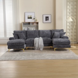 U-Shaped Modular Sofa with Pillows, Double Chaise, Rubber Pads, Chenille Fabric Sectional Couch for Living Room, 272L x 136W x 88H cm, Gray - Aosom UK - thumbnail 8