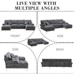 U-Shaped Modular Sofa with Pillows, Double Chaise, Rubber Pads, Chenille Fabric Sectional Couch for Living Room, 272L x 136W x 88H cm, Gray - Aosom UK - thumbnail 7