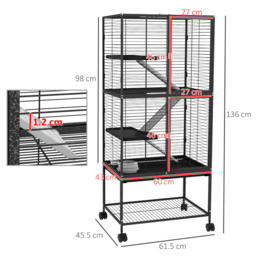PawHut Rolling Chinchilla Cage, Small Animal Cage for Ferrets w/ Three Doors, Storage, Shelf, Tray Tray, Bowl, Water Bottle - thumbnail 3