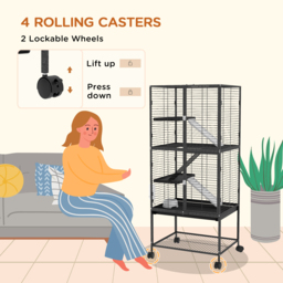 PawHut Rolling Chinchilla Cage, Small Animal Cage for Ferrets w/ Three Doors, Storage, Shelf, Tray Tray, Bowl, Water Bottle - thumbnail 6