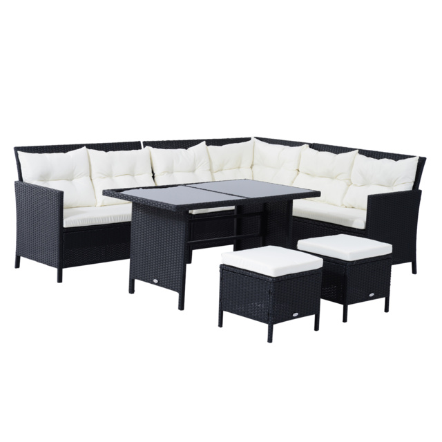 Outsunny 8-Seater Patio Furniture Set, Rattan Corner Dining Set with Wicker Coffee Table and Foot Stool, Black - Aosom UK - image 1