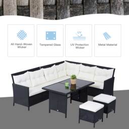 Outsunny 8-Seater Patio Furniture Set, Rattan Corner Dining Set with Wicker Coffee Table and Foot Stool, Black - Aosom UK - thumbnail 6