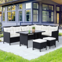 Outsunny 8-Seater Patio Furniture Set, Rattan Corner Dining Set with Wicker Coffee Table and Foot Stool, Black - Aosom UK - thumbnail 2