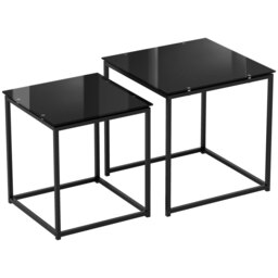 HOMCOM Set of 2 Nesting Side Tables, Modern Bedside Tables with Tempered Glass Top for Living Room, Bedroom, Office, Black - thumbnail 1