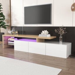 White TV Cabinet with Adjustable LED Light and Storage Shelves, TV Sideboard with High-Gloss Finish for Bedroom, 192.5x39x42 cm, White - Aosom.UK - thumbnail 4