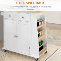HOMCOM Kitchen Island Storage Cabinet Rolling Trolley with Rubber Wood Top, 3-Tier Spice Rack, Large Cabinet & Drawers - thumbnail 4