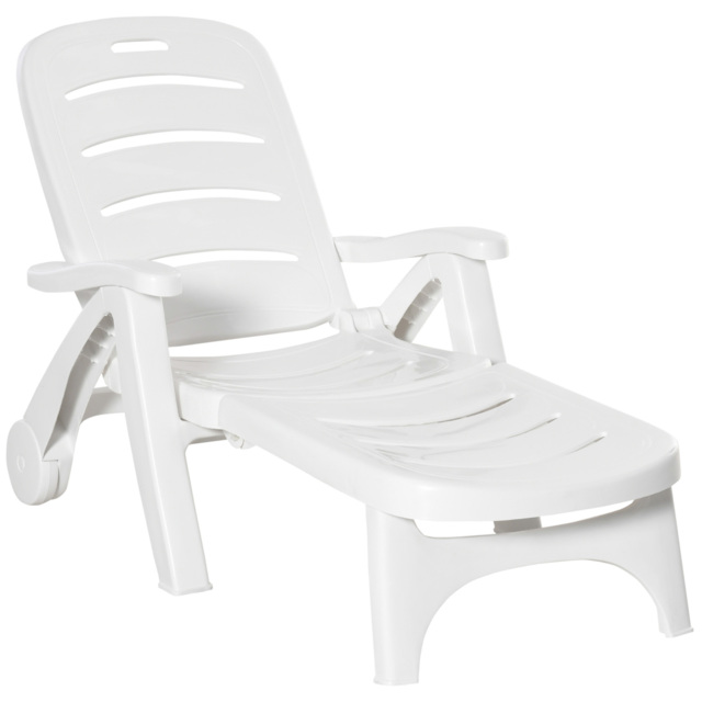 Outsunny Outdoor Folding Plastic Chaise Lounge Chair on Wheels, Patio Sun Lounger Recliner & 5-Position Backrest for Garden, Beach, Pool, White - image 1