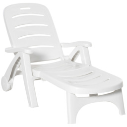 Outsunny Outdoor Folding Plastic Chaise Lounge Chair on Wheels, Patio Sun Lounger Recliner & 5-Position Backrest for Garden, Beach, Pool, White - thumbnail 1