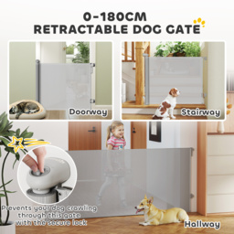 PawHut Retractable Stair Gate Extends Up to 180 cm Wide, Dog Gate for Doorways, Stairways, Hallways, Grey - thumbnail 4