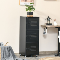 HOMCOM Rolling Storage Cabinet 3-Tier Mobile File Cabinet with Wheels & Metal Doors for Home Office, Living Room, Black - Aosom UK - thumbnail 2