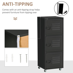 HOMCOM Rolling Storage Cabinet 3-Tier Mobile File Cabinet with Wheels & Metal Doors for Home Office, Living Room, Black - Aosom UK - thumbnail 7