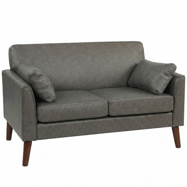HOMCOM 2 Seater Sofa, 132 cm Modern Small Sofa with Solid Wood Legs and 2 Pillows for Small Space, Grey - image 1