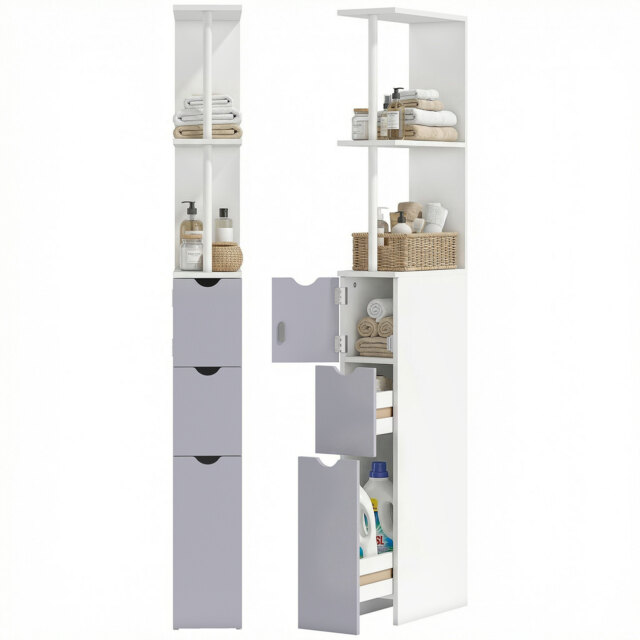HOMCOM Slimline Bathroom Storage Free-Standing Bathroom Cabinet Unit Tall Shelf Toilet Tissue Cupboard w/Drawers - Grey and White - Aosom UK - image 1