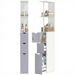 HOMCOM Slimline Bathroom Storage Free-Standing Bathroom Cabinet Unit Tall Shelf Toilet Tissue Cupboard w/Drawers - Grey and White - Aosom UK - thumbnail 1