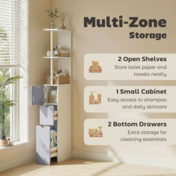 HOMCOM Slimline Bathroom Storage Free-Standing Bathroom Cabinet Unit Tall Shelf Toilet Tissue Cupboard w/Drawers - Grey and White - Aosom UK - thumbnail 5
