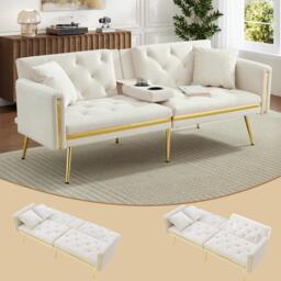 Two-seater Sofa Bed with 3-Position Adjustable Backrest, Concealed Cup Holders, Daybed for Compact Room, 174L x 76W x 71.5H cm, White - Aosom UK - thumbnail 1