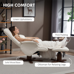 HOMCOM Reclining Swivel Chair with Footstool Linen Recliner Set Upholstered with Footstool Wooden Base Living Room, Beige - Aosom UK - thumbnail 7