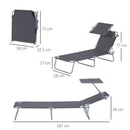 Outsunny Reclining Chair Sun Lounger Folding Lounger Seat with Sun Shade Awning Beach Garden Outdoor Patio Recliner Adjustable (Grey) - thumbnail 3