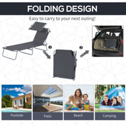 Outsunny Reclining Chair Sun Lounger Folding Lounger Seat with Sun Shade Awning Beach Garden Outdoor Patio Recliner Adjustable (Grey) - thumbnail 7