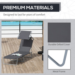 Outsunny Reclining Chair Sun Lounger Folding Lounger Seat with Sun Shade Awning Beach Garden Outdoor Patio Recliner Adjustable (Grey) - thumbnail 5