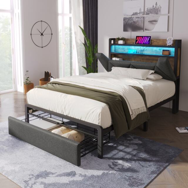 3ft Stylish Upholstered Single Bed with LED Lighting, USB Type-C Charging, Storage Bed with Headboard, Drawers, 208L x 92W x 110H cm, Grey - Aosom UK - image 1