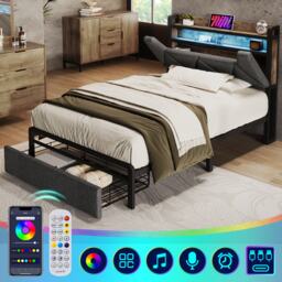3ft Stylish Upholstered Single Bed with LED Lighting, USB Type-C Charging, Storage Bed with Headboard, Drawers, 208L x 92W x 110H cm, Grey - Aosom UK - thumbnail 6