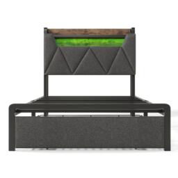3ft Stylish Upholstered Single Bed with LED Lighting, USB Type-C Charging, Storage Bed with Headboard, Drawers, 208L x 92W x 110H cm, Grey - Aosom UK - thumbnail 2