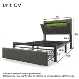 3ft Stylish Upholstered Single Bed with LED Lighting, USB Type-C Charging, Storage Bed with Headboard, Drawers, 208L x 92W x 110H cm, Grey - Aosom UK - thumbnail 3