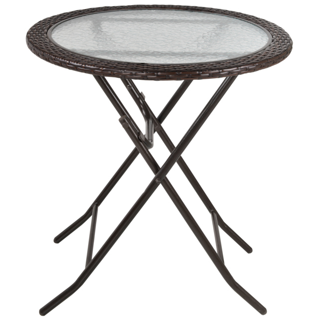 Outsunny Folding Round Tempered Glass Metal Table with Brown Rattan Edging - Aosom UK - image 1